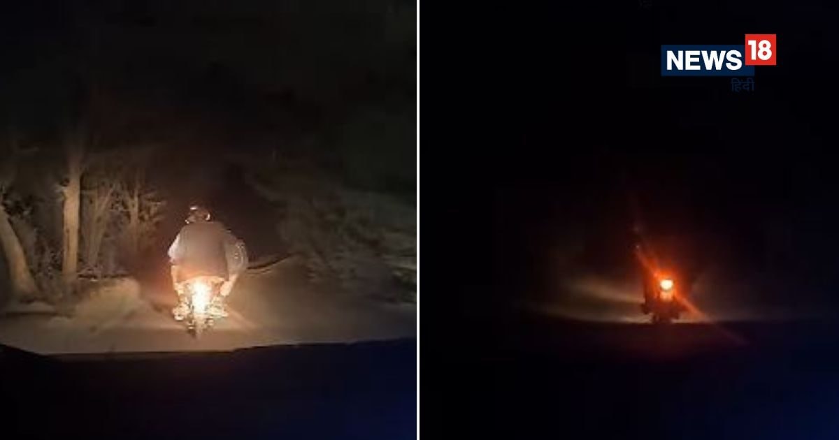 Boys having fun on a deserted road in the dark, switched off the car lights, even the biker going ahead got the idea of ​​mischief!